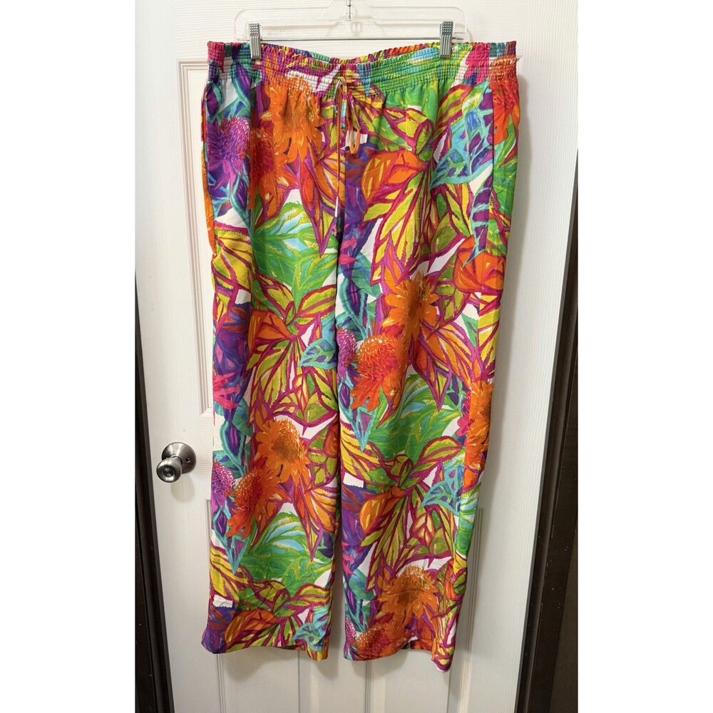 Ralph Lauren 2X Colorful Floral Tropical Palazzo Pants Elastic Waist Draw String - Picture 2 of 5